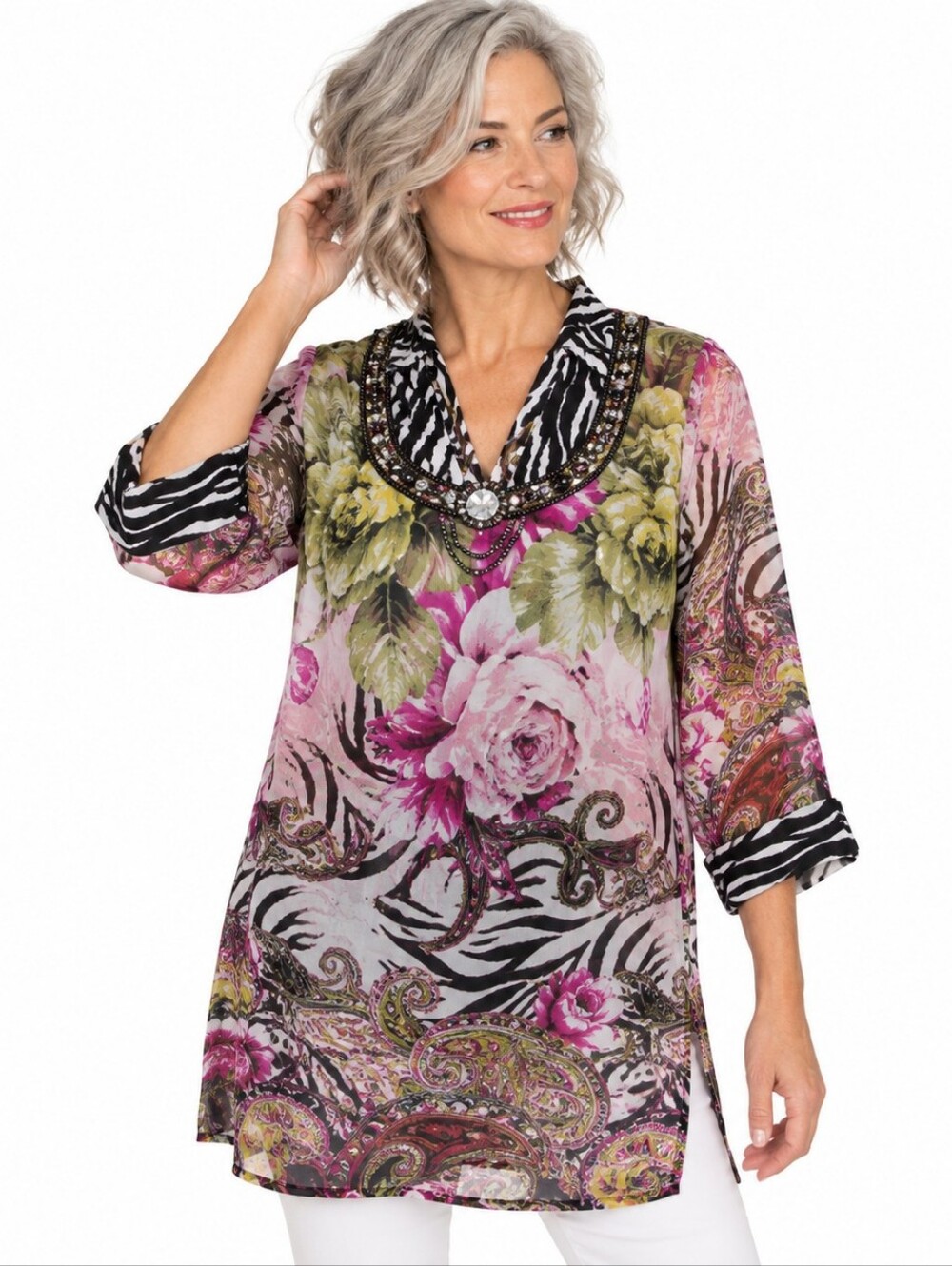 Silk Threads Tunic Blouse L Multicolor Beaded Rhinestone Floral Paisley Boho